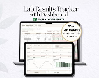 Hoja de cálculo para el seguimiento de resultados de laboratorio con panel de control, registro de análisis de sangre, registro de laboratorio médico, registro de análisis de sangre, panel de salud en Excel y Google Sheets