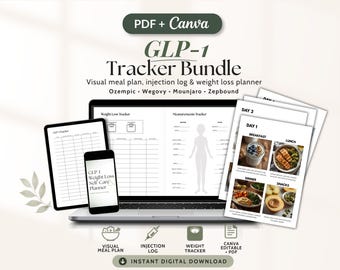 GLP-1 Tracker Bundle, Injection Log, Weight Loss Planner, Meal Plan PDF, Ozempic Wegovy Mounjaro Zepbound