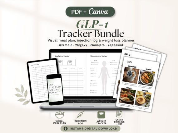GLP-1 Tracker Bundle, Injection Log, Weight Loss Planner, Meal Plan PDF, Ozempic Wegovy Mounjaro Zepbound