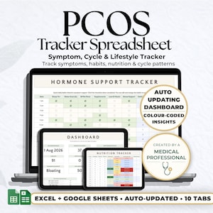 May include: A digital PCOS Tracker Spreadsheet displayed on a laptop, tablet, and phone. The text reads "PCOS Tracker Spreadsheet" and "Symptom, Cycle & Lifestyle Tracker." Features include an auto-updating dashboard, color-coded insights, and is created by a medical professional.