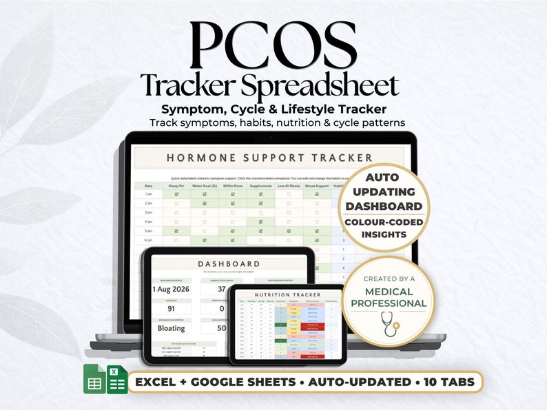 May include: A digital PCOS Tracker Spreadsheet displayed on a laptop, tablet, and phone. The text reads "PCOS Tracker Spreadsheet" and "Symptom, Cycle & Lifestyle Tracker." Features include an auto-updating dashboard, color-coded insights, and is created by a medical professional.