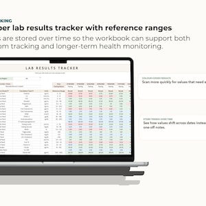 May include: A laptop displaying a lab results tracker with reference ranges. The screen shows a spreadsheet with various health metrics and dates. Text on the screen reads "LAB RESULTS TRACKER". Additional text highlights color-coded results and storing trends over time.