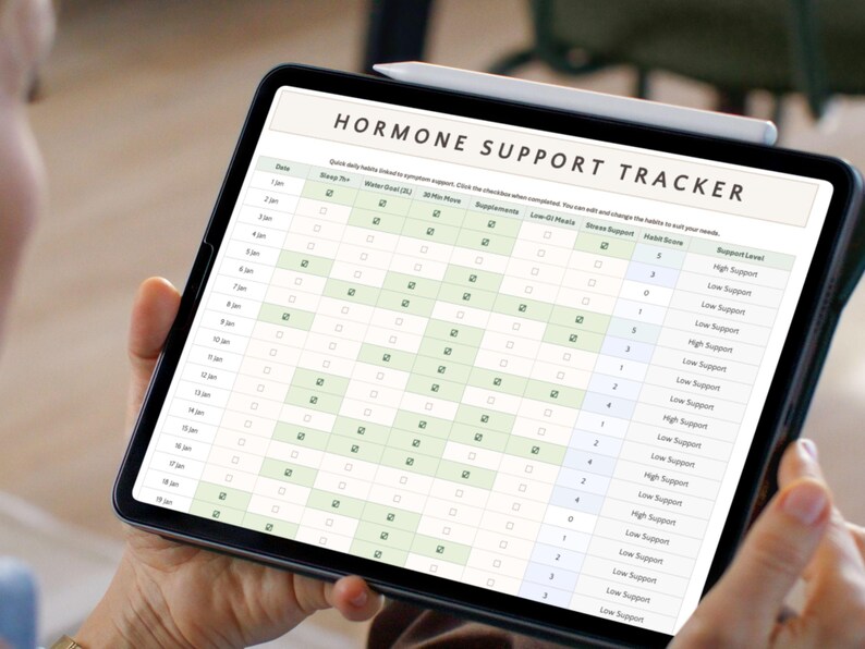 May include: A tablet displaying a "HORMONE SUPPORT TRACKER" with a white stylus attached. The tracker features a grid with checkboxes and text, including "Stress Support" and "Support Level". The screen shows a calendar-like layout.