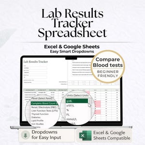 Spreadsheet laboratoriumresultaten tracker, bloedtesttracker, logboek medisch laboratorium, Google Spreadsheets Excel-tracker, gezondheidsspreadsheet, logboek laboratoriumtests
