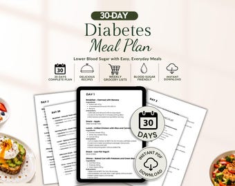 Diabetic Meal Plan, 30-Day Diabetes Meal Plan Printable, Type 2 Low Carb Recipes, Grocery List, Blood Sugar Friendly PDF
