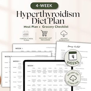 May include: A 4-week hyperthyroidism diet plan featuring a meal plan and grocery checklist. The document includes weekly schedules, a grocery list, and instant download icons. The text reads 4-WEEK Hyperthyroidism Diet Plan, Meal Plan + Grocery Checklist, and includes weekly meal grids for breakfast, snacks, lunch, and dinner.