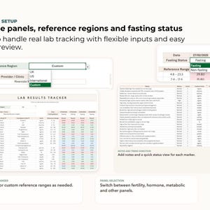 May include: Screenshot of a lab results tracking interface. The interface allows users to choose panels, reference regions, and fasting status. Text includes "Choose panels, reference regions and fasting status" and "LAB RESULTS TRACKER".