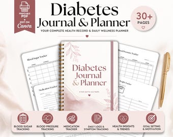 Diabetes Journal Printable, Blood Sugar Tracker, Glucose Log Book, Type 2 Medication & Health Planner PDF