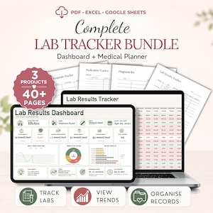 Lab Results Tracker Bundle, Blood Test Dashboard Spreadsheet, Medical Records Planner, Excel Google Sheets Template