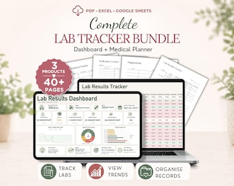 Lab Results Tracker Bundle, Blood Test Dashboard Spreadsheet, Medical Records Planner, Excel Google Sheets Template