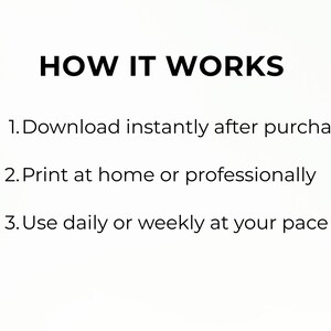 May include: A white informational graphic with black text that reads: HOW IT WORKS. 1. Download instantly after purchase. 2. Print at home or professionally. 3. Use daily or weekly at your pace. The text is presented in a clean, sans-serif font.