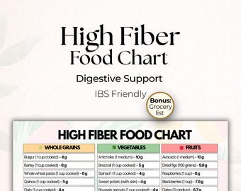 High Fiber Food List Printable, Fiber Foods Chart, Gut Health Diet, IBS Constipation Diet, Digestive Health Food Chart PDF
