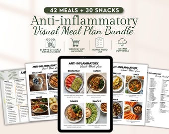 Anti-Inflammatory Meal Plan Bundle, Visual Meals, Snacks, Food Lists & Grocery Checklist PDF