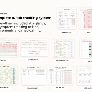 May include: A complete 10-tab tracking system with symptom tracking, labs, measurements, and medical info. Includes a dashboard, daily log, symptom heatmap, cycle insights, hormone support, nutrition tracker, medication tracker, measurements, lab tracker, and medical info.