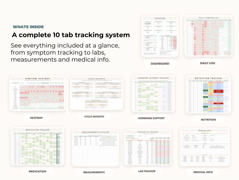 May include: A complete 10-tab tracking system with symptom tracking, labs, measurements, and medical info. Includes a dashboard, daily log, symptom heatmap, cycle insights, hormone support, nutrition tracker, medication tracker, measurements, lab tracker, and medical info.