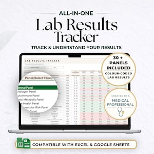 Hoja de cálculo para el seguimiento de resultados de laboratorio, registro de análisis de sangre, registro de laboratorio médico, seguimiento de salud en Excel y Google Sheets.