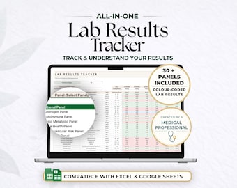 Hoja de cálculo para el seguimiento de resultados de laboratorio, registro de análisis de sangre, registro de laboratorio médico, seguimiento de salud en Excel y Google Sheets.