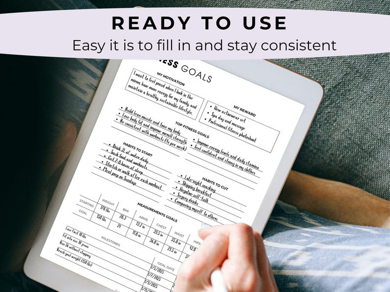 May include: A black and white fitness goals planner displayed on a tablet. The planner includes sections for motivation, rewards, fitness goals, and measurements. The text "READY TO USE" and "Easy it is to fill in and stay consistent" are visible at the top.