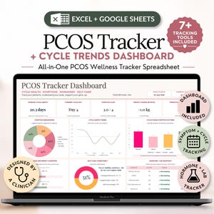 May include: A laptop screen displaying a PCOS Tracker and Cycle Trends Dashboard spreadsheet for Excel and Google Sheets. The interface features data visualizations, including a pie chart, line graph, and bar charts, alongside text labels for cycle health, symptoms, hormones, and self-care tracking.