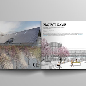 May include: A spread from a design portfolio featuring architectural renderings. The left page shows a building with a sloped roof and surrounding trees. The right page has a sketch of a building with people and text that reads "PROJECT NAME".