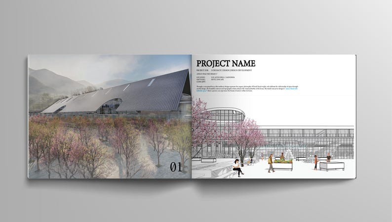 May include: A spread from a design portfolio featuring architectural renderings. The left page shows a building with a sloped roof and surrounding trees. The right page has a sketch of a building with people and text that reads "PROJECT NAME".
