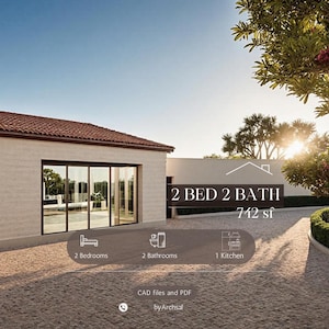 May include: Exterior view of a modern house with a light-coloured facade and a red tile roof. The image includes text indicating the house has 2 bedrooms, 2 bathrooms, and 1 kitchen, with a total area of 69 square metres. The house plan is available in CAD files and PDF format.