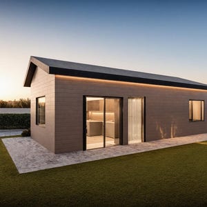 May include: A modern, single-story house with a dark gray roof and light brown siding. The house has large windows and sliding glass doors, with a well-manicured lawn and flowering trees in the foreground. The sky is a gradient of blue and orange.