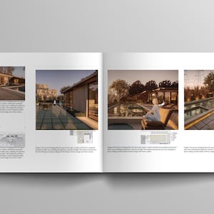 May include: A double-page spread from a design magazine featuring architectural renderings and photographs of a modern outdoor living space. The images showcase a pool, patio, and building with a natural aesthetic.