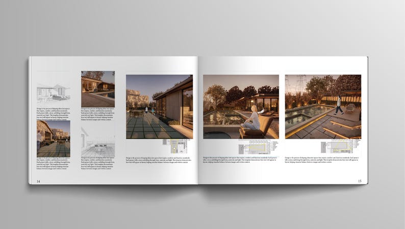 May include: A double-page spread from a design magazine featuring architectural renderings and photographs of a modern outdoor living space. The images showcase a pool, patio, and building with a natural aesthetic.