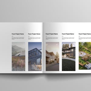 May include: A spread of a magazine featuring architectural project images. The left page displays the word "CONTENT" in black. The right page showcases six project images with accompanying text, each depicting modern building designs.