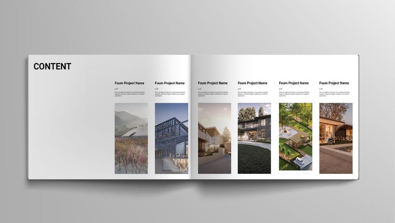May include: A spread of a magazine featuring architectural project images. The left page displays the word "CONTENT" in black. The right page showcases six project images with accompanying text, each depicting modern building designs.