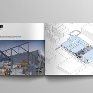 May include: A spread in a brochure featuring architectural renderings. The left page displays a photograph of a building with a metal framework, while the right page shows a detailed blueprint of the same structure. The text "PROJECT NAME" is at the top.