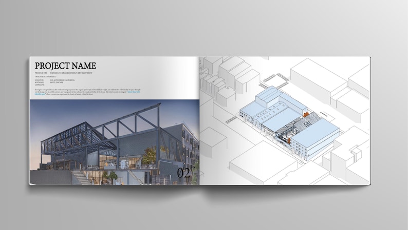 May include: A spread in a brochure featuring architectural renderings. The left page displays a photograph of a building with a metal framework, while the right page shows a detailed blueprint of the same structure. The text "PROJECT NAME" is at the top.