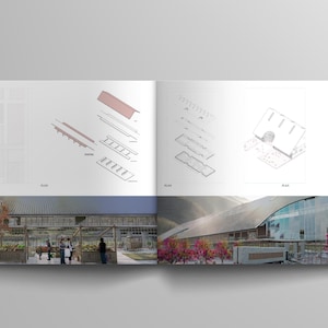 May include: A two-page spread from a design magazine featuring architectural renderings and photographs. The top half displays technical drawings, while the bottom half showcases exterior views of a building with people and landscaping.