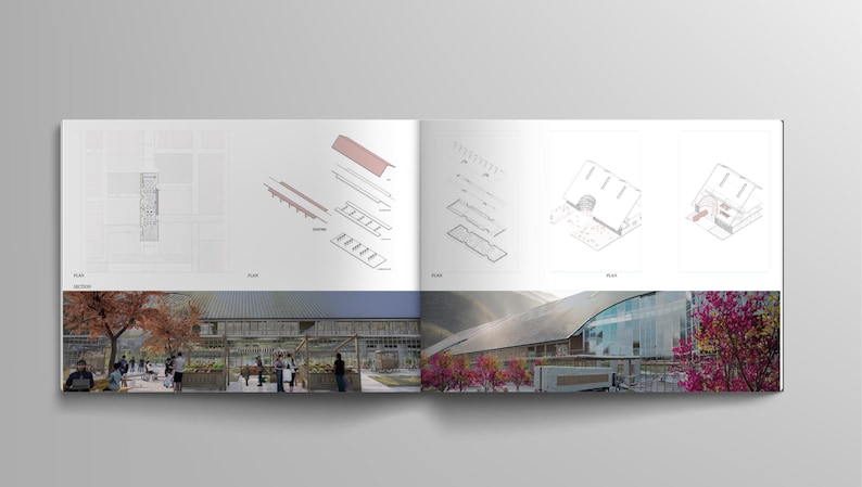 May include: A two-page spread from a design magazine featuring architectural renderings and photographs. The top half displays technical drawings, while the bottom half showcases exterior views of a building with people and landscaping.