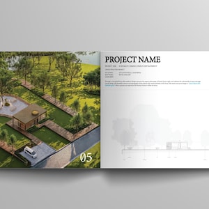 May include: A spread of a brochure featuring an architectural project. The left page displays an aerial view of a landscape design with a building, trees, and a pathway. The right page has the text "PROJECT NAME" and architectural details.