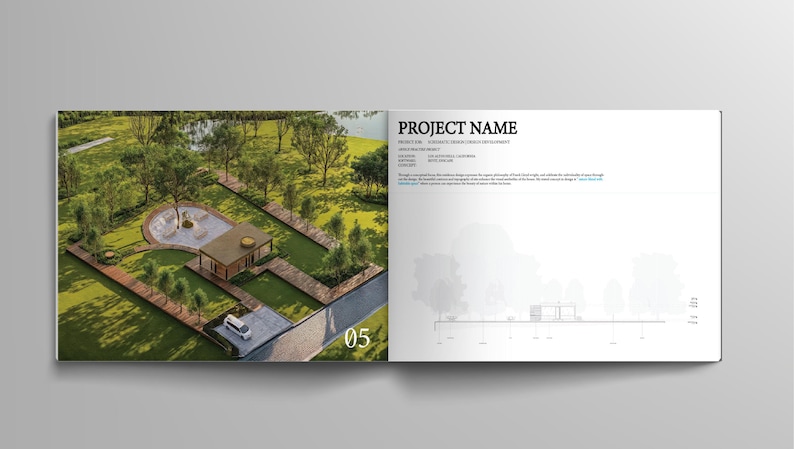 May include: A spread of a brochure featuring an architectural project. The left page displays an aerial view of a landscape design with a building, trees, and a pathway. The right page has the text "PROJECT NAME" and architectural details.