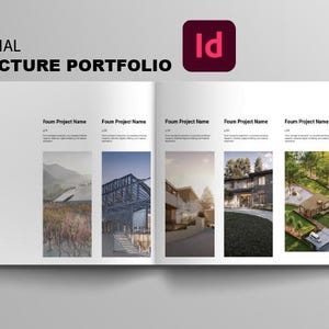 May include: A professional architecture portfolio layout with the Adobe InDesign logo. The portfolio is open, displaying the word "CONTENT" and several project images with project names. The layout is on a white background.