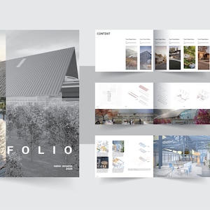 May include: A portfolio layout featuring architectural designs. The cover displays a grayscale image of a modern building with the word "PORTFOLIO" in large, bold letters. Inside, various architectural renderings and photographs are presented.