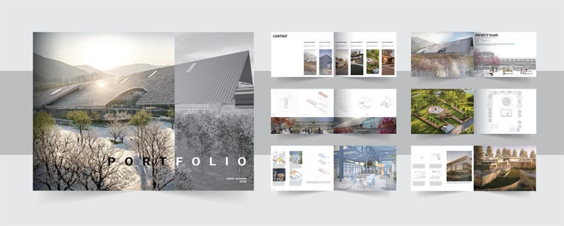 May include: A portfolio layout featuring architectural designs. The cover displays a grayscale image of a modern building with the word "PORTFOLIO" in large, bold letters. Inside, various architectural renderings and photographs are presented.