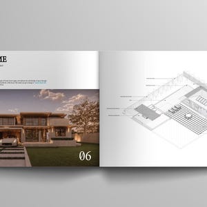 May include: A two-page spread from a design portfolio. The left page features a photograph of a modern home with a car in the driveway. The right page shows a detailed architectural blueprint of a house with a pool and patio. The text "PROJECT NAME" is at the top.