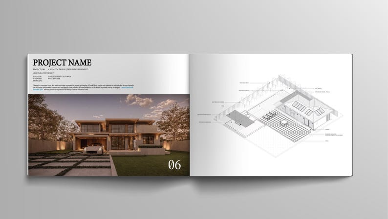 May include: A two-page spread from a design portfolio. The left page features a photograph of a modern home with a car in the driveway. The right page shows a detailed architectural blueprint of a house with a pool and patio. The text "PROJECT NAME" is at the top.
