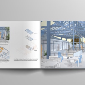 May include: Architectural rendering of a modern building interior. The open space features tables, chairs, and structural beams. The illustration includes detailed diagrams and sketches of the building's design and construction.