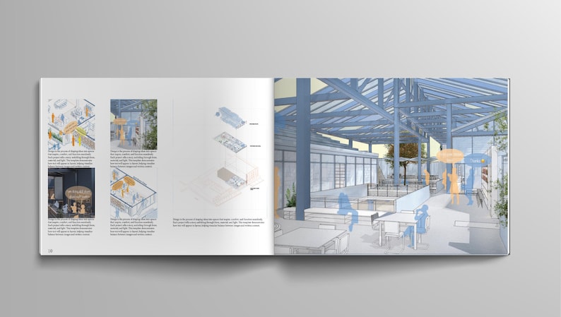 May include: Architectural rendering of a modern building interior. The open space features tables, chairs, and structural beams. The illustration includes detailed diagrams and sketches of the building's design and construction.