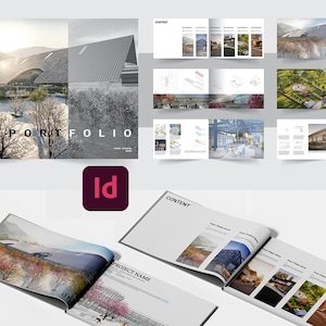 May include: A portfolio layout featuring architectural renderings and design concepts. The cover displays the word "PORTFOLIO" with the year "2023". The layout includes images of buildings, landscapes, and interior spaces. The Adobe InDesign logo is also visible.