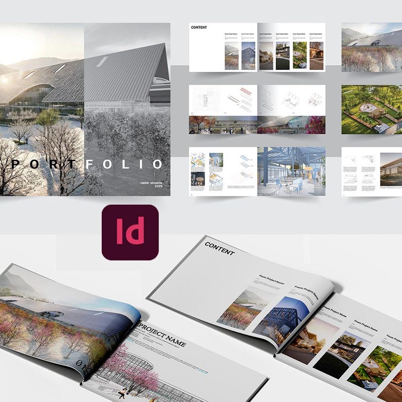 May include: A portfolio layout featuring architectural renderings and design concepts. The cover displays the word "PORTFOLIO" with the year "2023". The layout includes images of buildings, landscapes, and interior spaces. The Adobe InDesign logo is also visible.