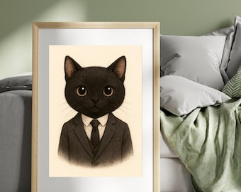 Black Cat Wall Art Printable – Cute Cat in Suit Illustration, Instant Download Cat Decor, Elegant Cat Portrait for Cat Lovers, Home Decor