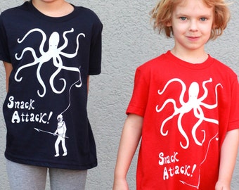 Nautical Snack Attack,  Kids tee or onesie original artwork deep sea diver and octopus screen printed by hand