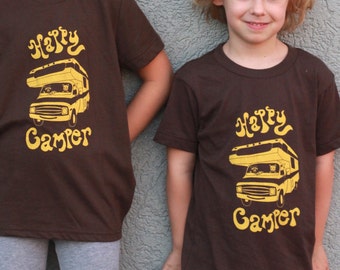 Screenprinted Happy Camper Kids Shirt Fox and Raccoon original artwork American Apparel Shirts