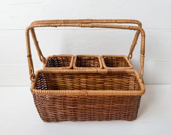 Vintage Wicker Basket Silverware or Utensil Holder / Four-Compartment Picnic Caddy with Handles